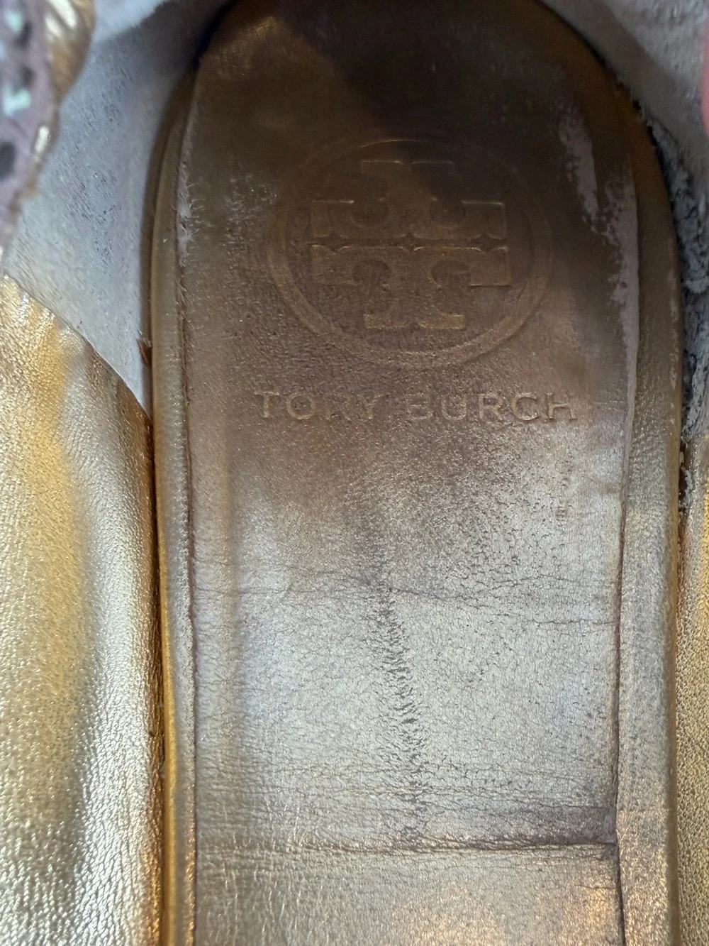Tory Burch Snake Embossed Large Metal Logo Ballet Flat in Light Brown Gold 8.5